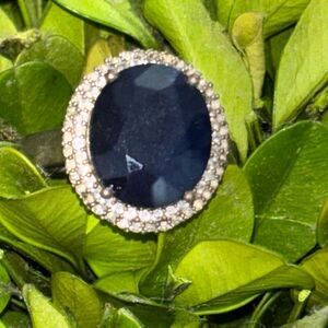 925 Sterling silver Large Dark blue Sapphire & Pave CZ 14mmx12mm,6.78g ring Sz 9